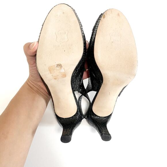 Stuart Weitzman Black Crocodile Leather Slingback Peeptoe Heels - Picture 7 of 10